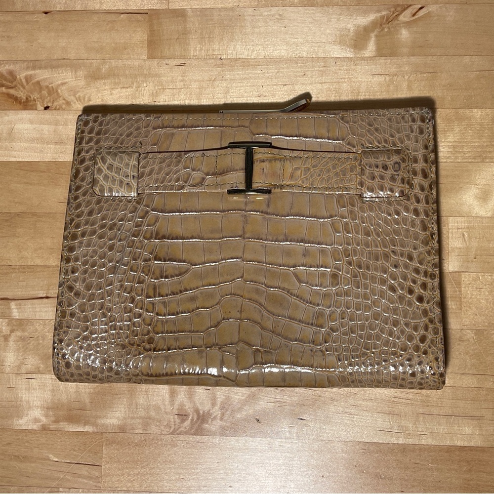 Abas Embossed Tan Alligator Leather Clasp Frame Clutch with Gold-tone Hardware